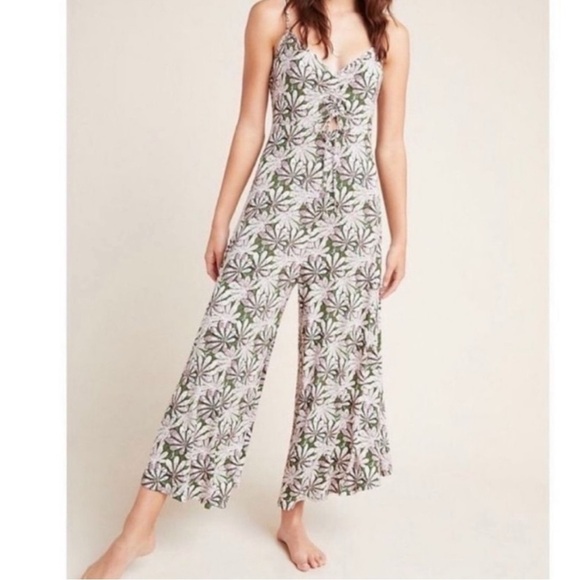 Anthropologie Pants - Anthropologie Jessie Cream & Green Floral Cropped Wide Leg Jumpsuit XS
